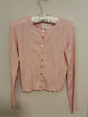 Pink Rose Light Pink Eyelet Knit Cardigan with Scallop Hem